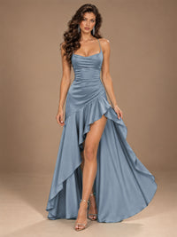 Burgundy Spaghetti Strap Ruched Prom Dress with Ruffled High Slit