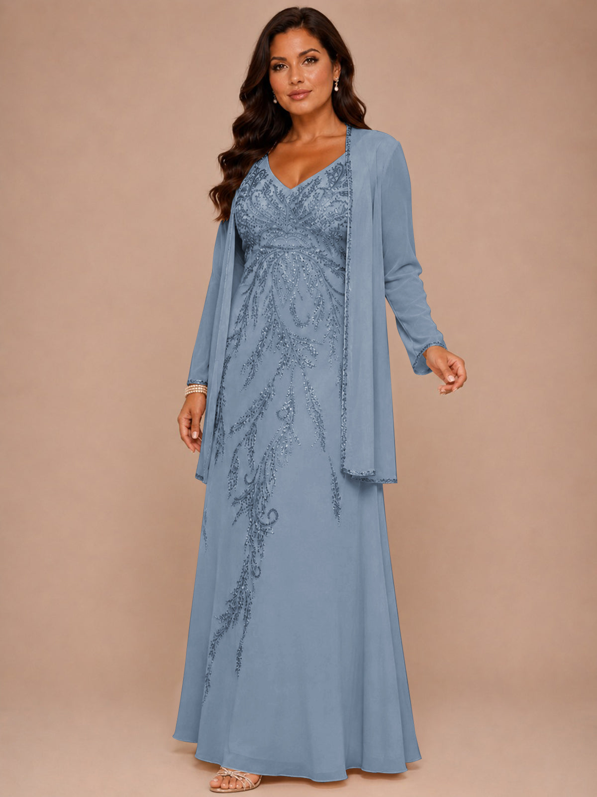 Champagne Beaded Chiffon Mother of the Bride Dress with Jacket V-Neck Gown
