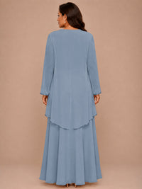 Champagne Beaded Chiffon Mother of the Bride Dress with Jacket V-Neck Gown