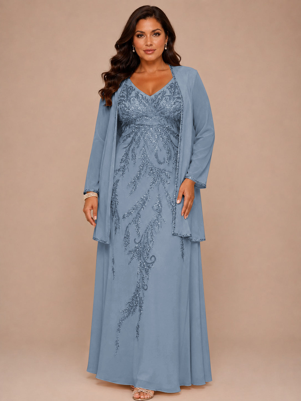 Champagne Beaded Chiffon Mother of the Bride Dress with Jacket V-Neck Gown