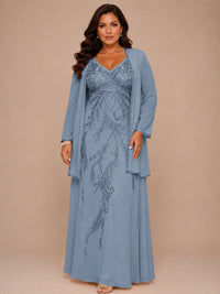 Champagne Beaded Chiffon Mother of the Bride Dress with Jacket V-Neck Gown