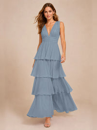 Elegant Deep V Neck Chiffon Bridesmaid Dress with Tiered Ruffles