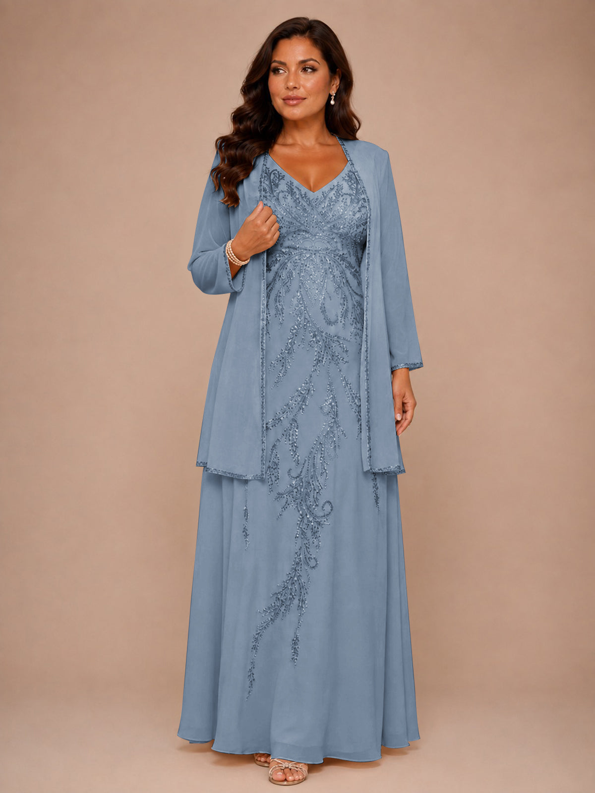 Champagne Beaded Chiffon Mother of the Bride Dress with Jacket V-Neck Gown