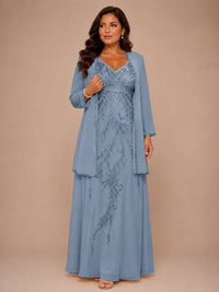 Champagne Beaded Chiffon Mother of the Bride Dress with Jacket V-Neck Gown