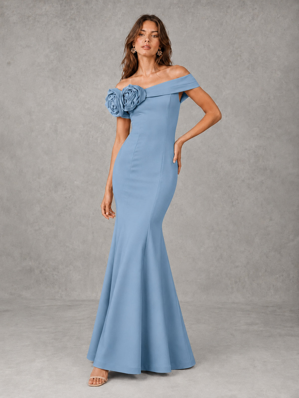 Blush Pink Off Shoulder Mermaid Bridesmaid Dress with Floral Rosette