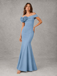 Blush Pink Off Shoulder Mermaid Bridesmaid Dress with Floral Rosette