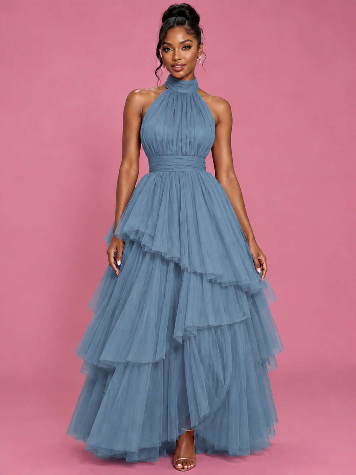 Hot Pink Tulle Halter Neck Tiered Ruffle Maxi Dress