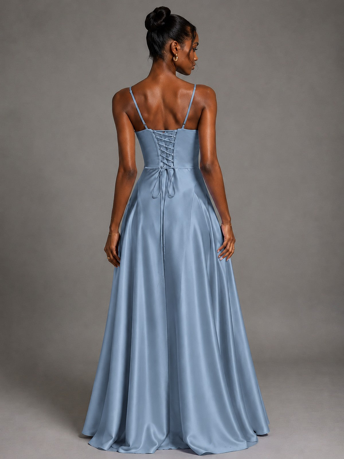 Lavender V Neck Satin Prom Dress with Spaghetti Straps