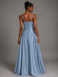Lavender V Neck Satin Prom Dress with Spaghetti Straps