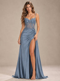 Mermaid Satin Prom Dress with Floral Appliqué Corset and High Slit