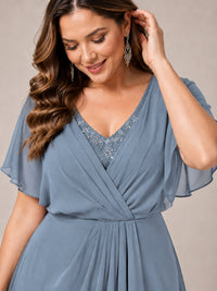 Navy Blue A-Line V-Neck Tea-Length Mother of the Bride Dress