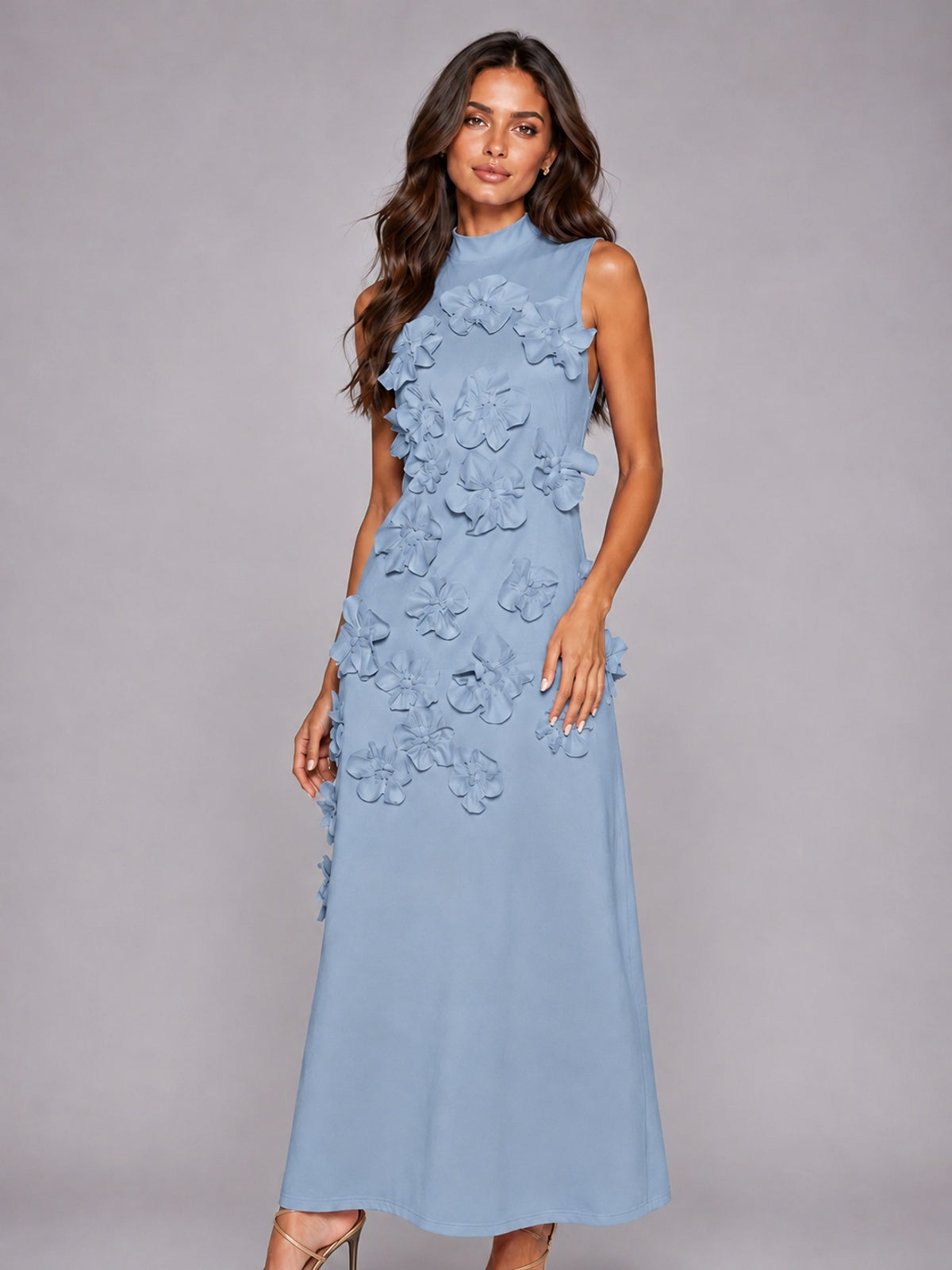 3D Floral Applique High Neck Prom Maxi Dress