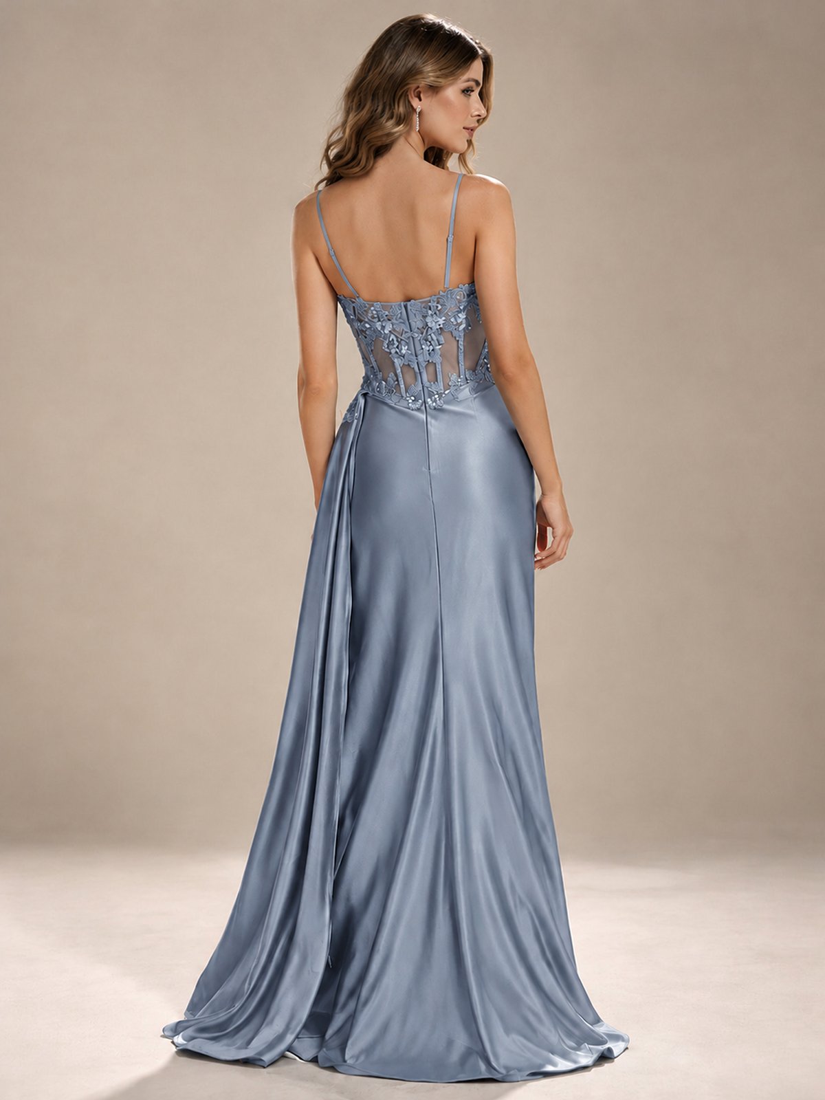 Mermaid Satin Prom Dress with Floral Appliqué Corset and High Slit
