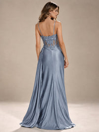 Mermaid Satin Prom Dress with Floral Appliqué Corset and High Slit