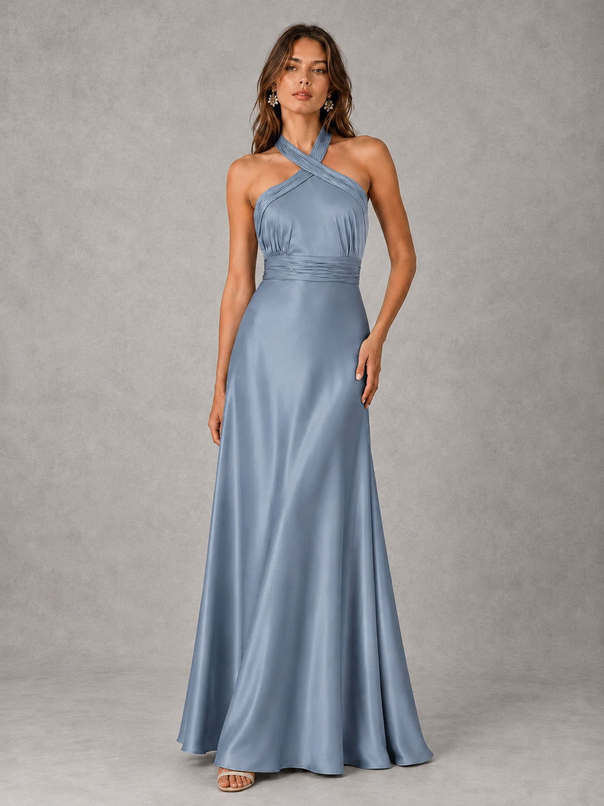 Sage Green Satin A-Line Bridesmaid Dress with Halter Neck