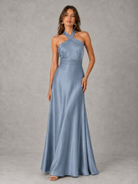 Sage Green Satin A-Line Bridesmaid Dress with Halter Neck