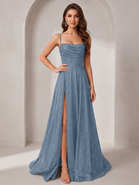Sparkly Cowl Neck Corset Long Prom Dress with Slit A-line Tulle Ball Gown