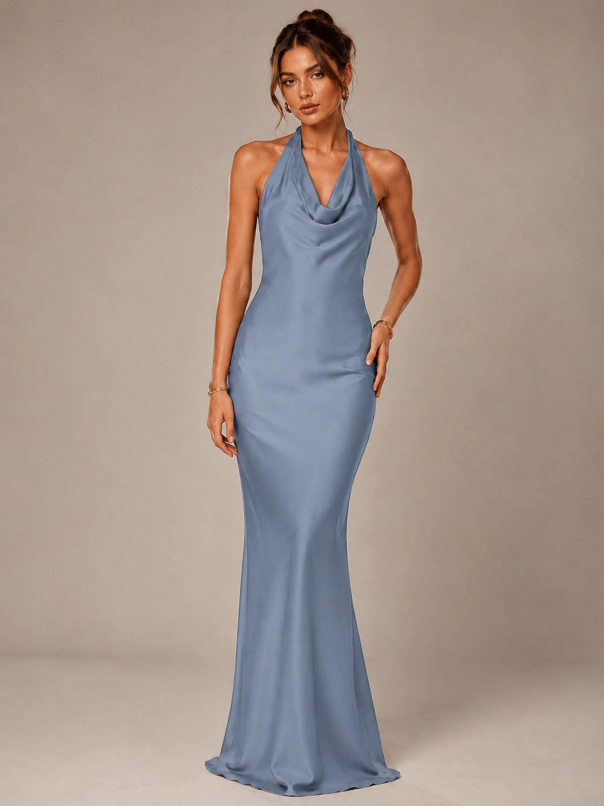 Olive Green Halter Satin Mermaid Maxi Dress
