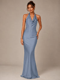 Olive Green Halter Satin Mermaid Maxi Dress