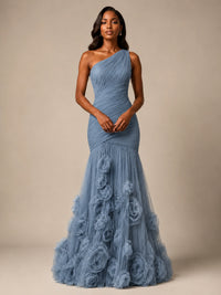 Blush Pink One Shoulder 3D Floral Mermaid Prom Dress