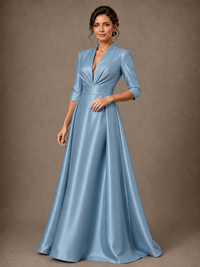 V-Neck Pleated Satin Mother of the Bride Gown with 3/4 Sleeves
