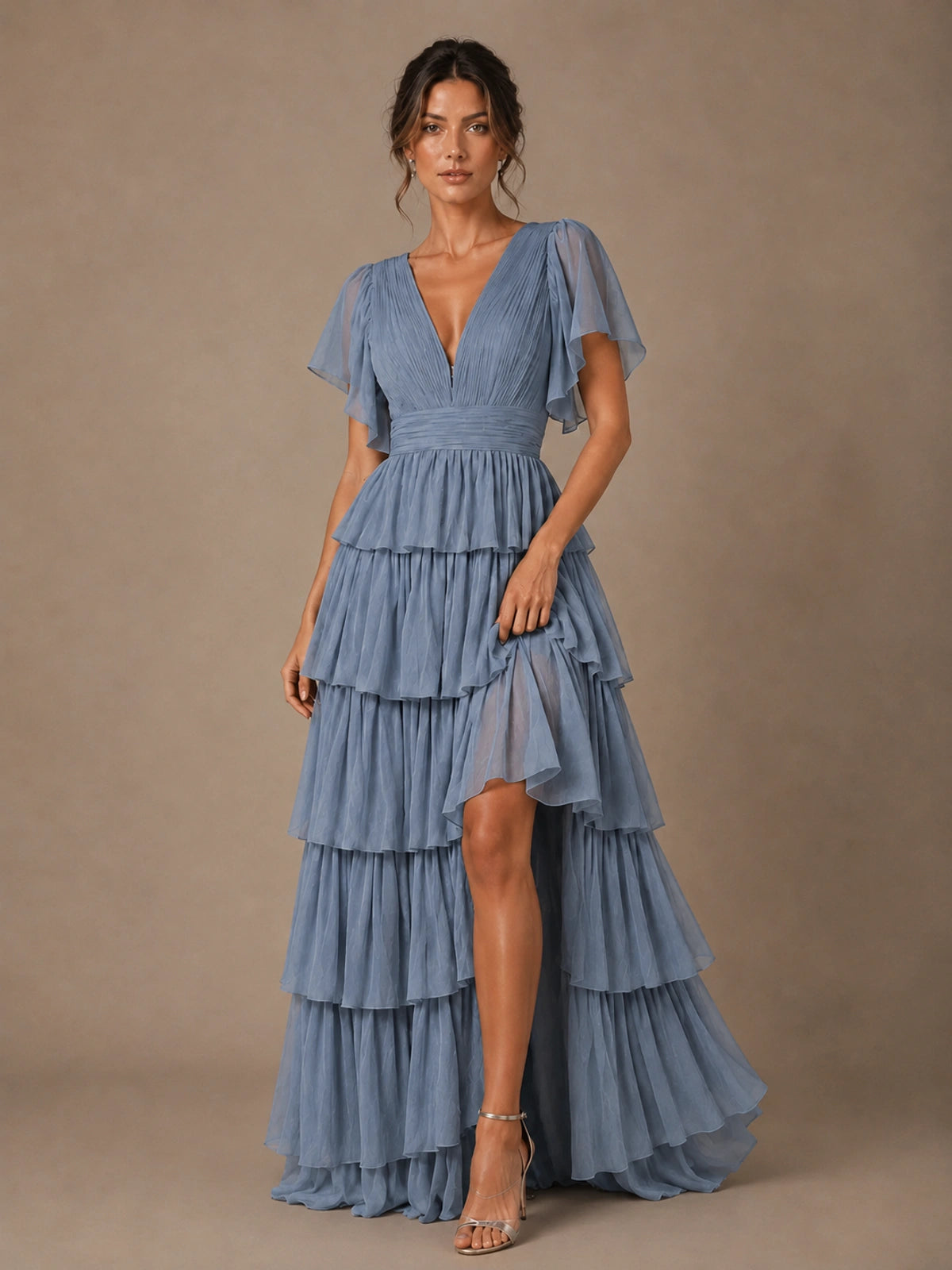 Chiffon V-Neck Tiered Ruffle Bridesmaid Dress with Slit
