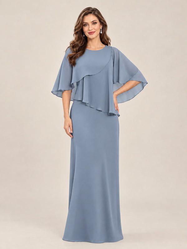 Dusty Blue-Chiffon 2 Piece A Line Mother of The Bride Dresses with Cape