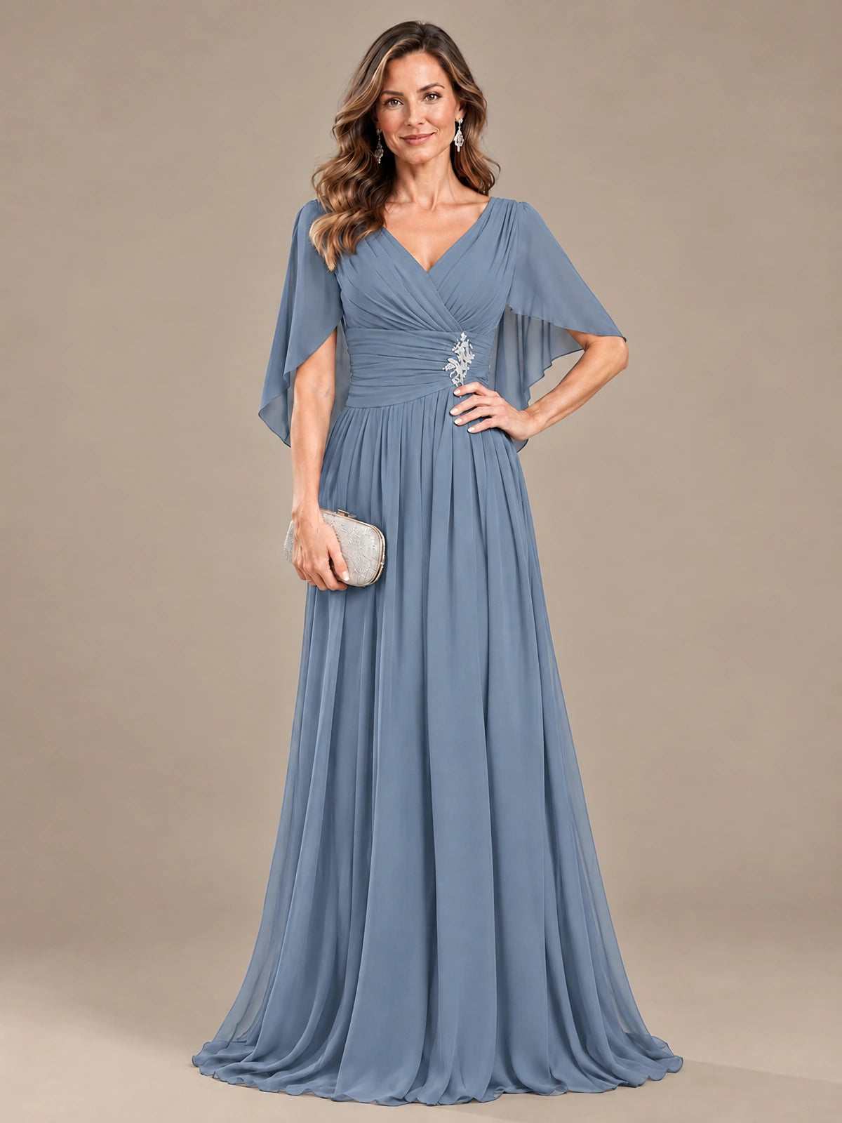 Ruched V Neck Mother of The Bride Dresses with Shawls Appliques and Cap Sleeves