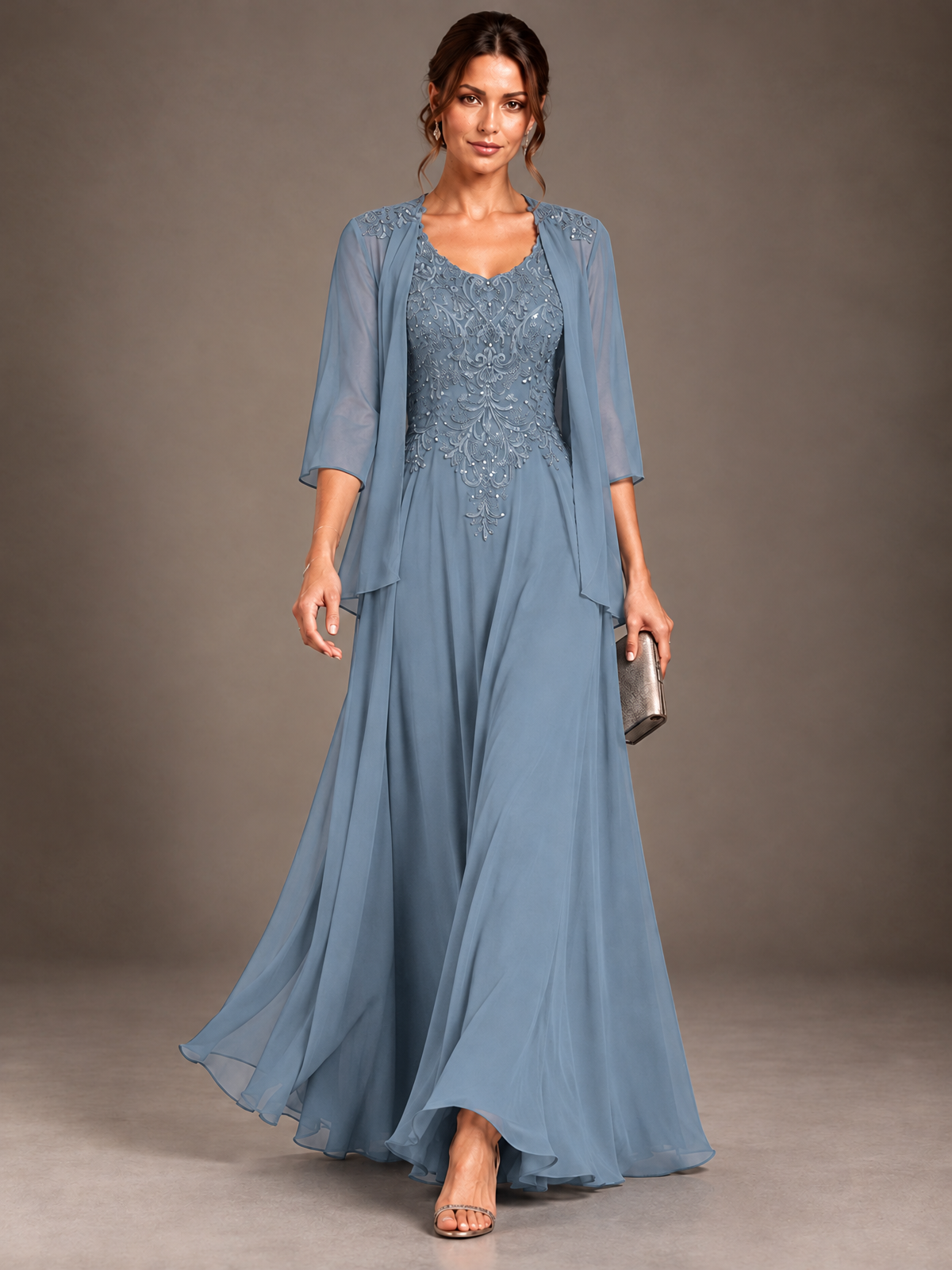 A-line 2 Pieces Chiffon Appliques Mother of The Bride Dresses with Jackets