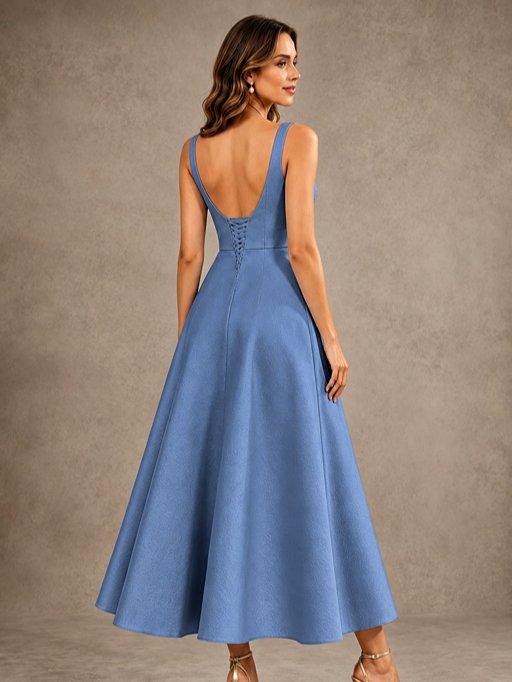 Tea-Length Satin Mother of the Bride Dress with 3D Flower Detail