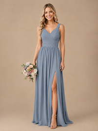 Pleated Chiffon V Neck Wedding Bridesmaid Dresses Floor Length with Slit