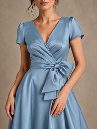 V-Neck Tea-Length Satin Mother of the Bride Dress with Bow
