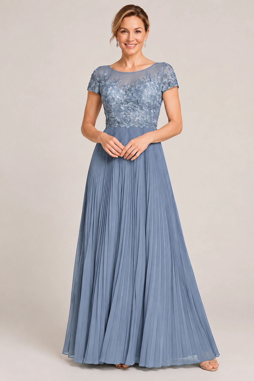 Embroidered Lace Pleated Mother of the Bride Dress