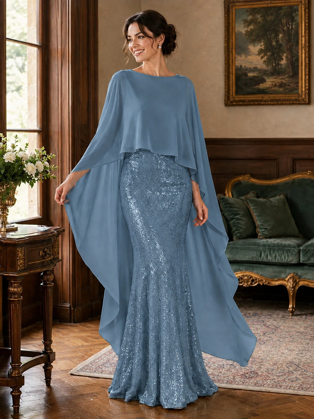 Sequin 2 Pieces Mother of the Bride Dress with Cap Sleeves Chiffon Formal Gowns