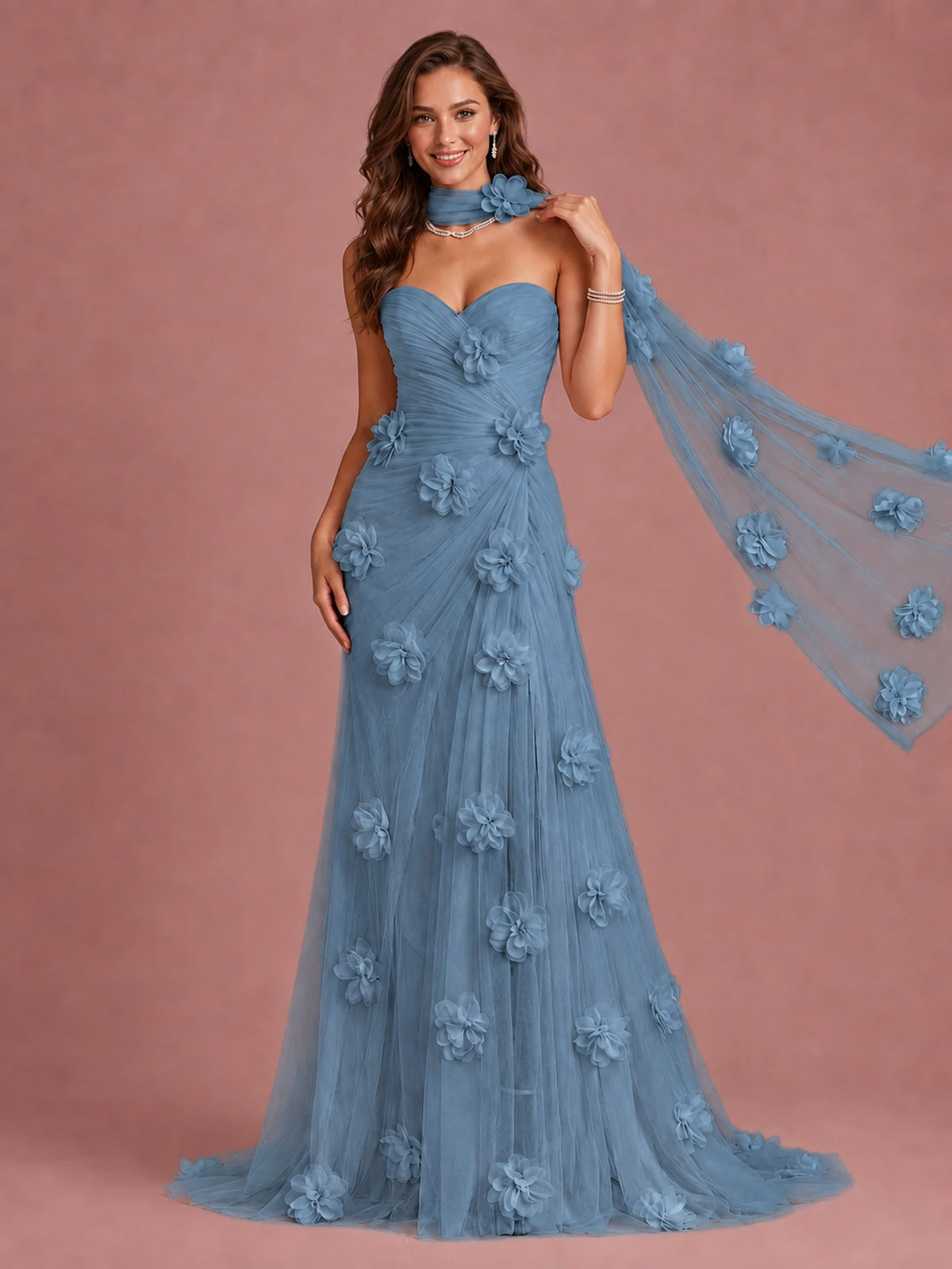 Blush Pink Strapless Sweetheart 3D Floral Tulle Mermaid Prom Dress