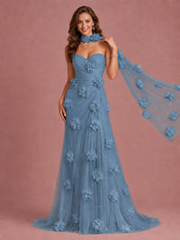 Blush Pink Strapless Sweetheart 3D Floral Tulle Mermaid Prom Dress