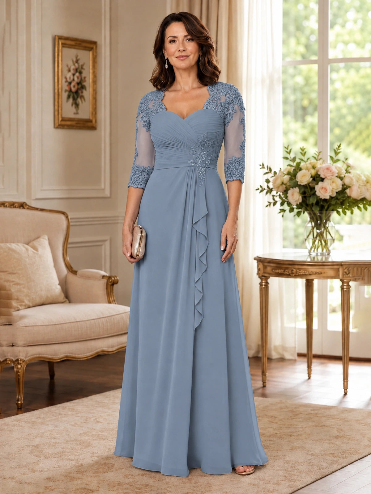 Chiffon Lace Applique Mother of the Bride Dress with 3/4 Sleeves