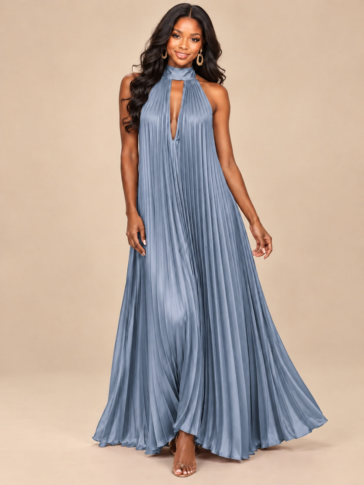 Rust Orange Pleated Halter Neck Maxi Dress
