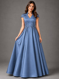 Lace Appliqué A-Line Satin Maxi Dress