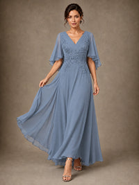 V-Neck Chiffon Lace Mother of the Bride Dress with Flutter Sleeves