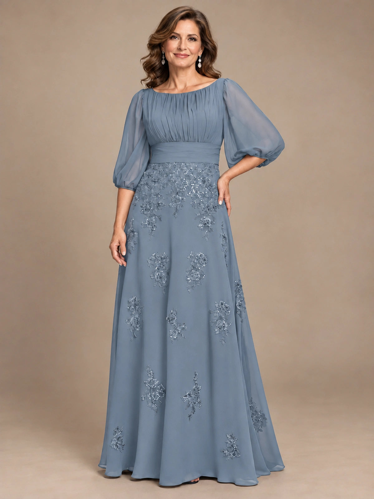 A-Line Mother of the Bride Dress with Sheer Puff Sleeves