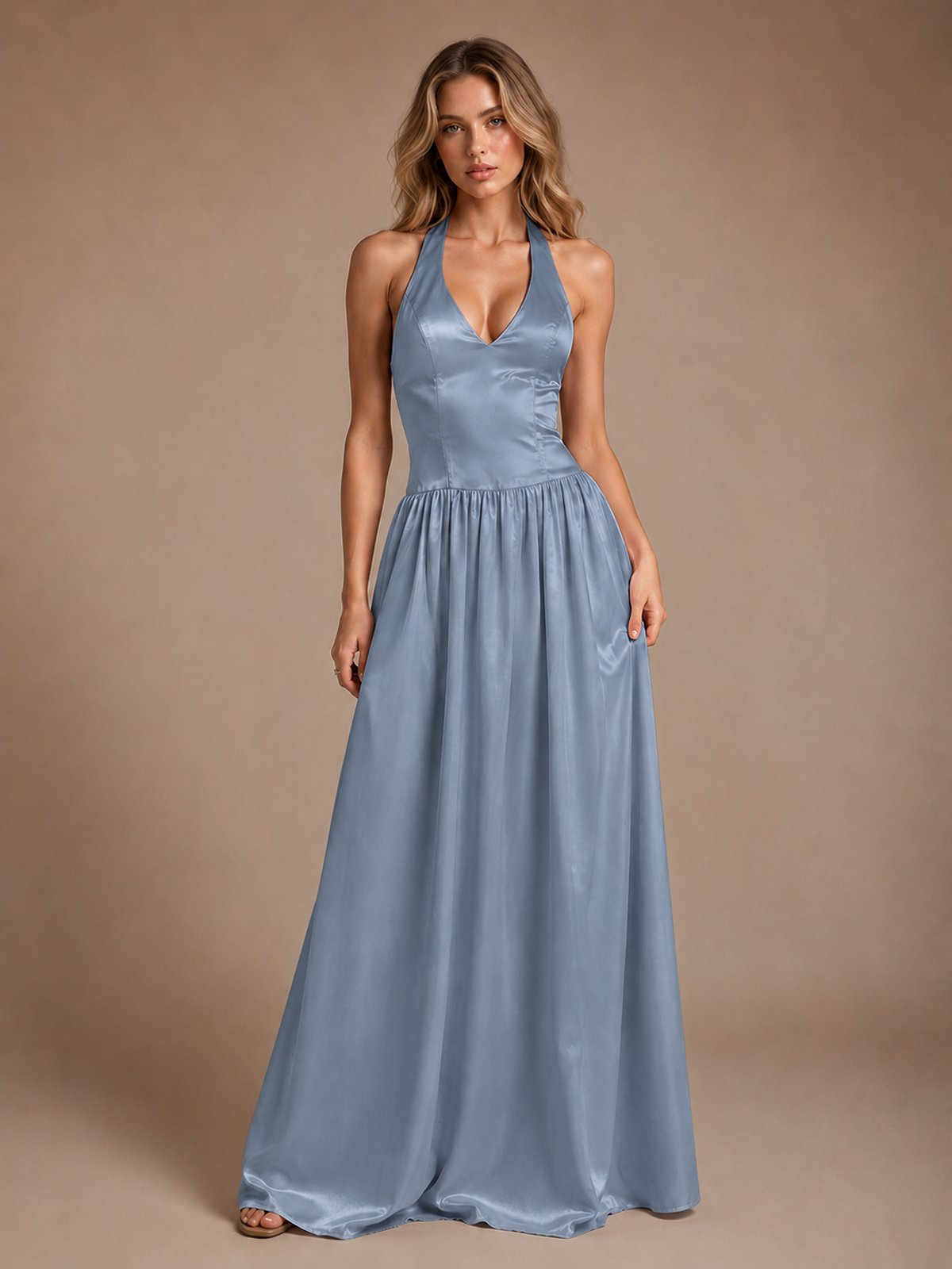 Pink V Neck Halter Satin Maxi Dress