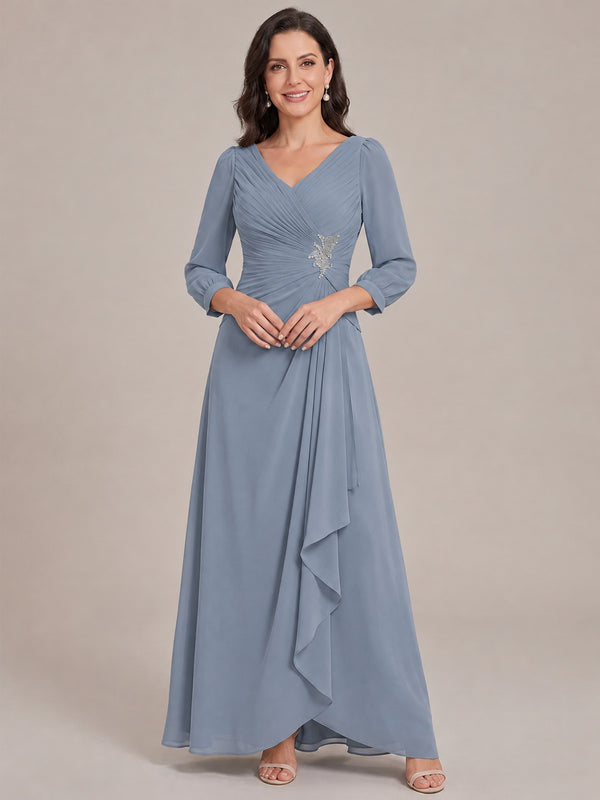 Dusty Blue-Long Sleeve Chiffon Beaded Mother of The Bride Dresses for Women