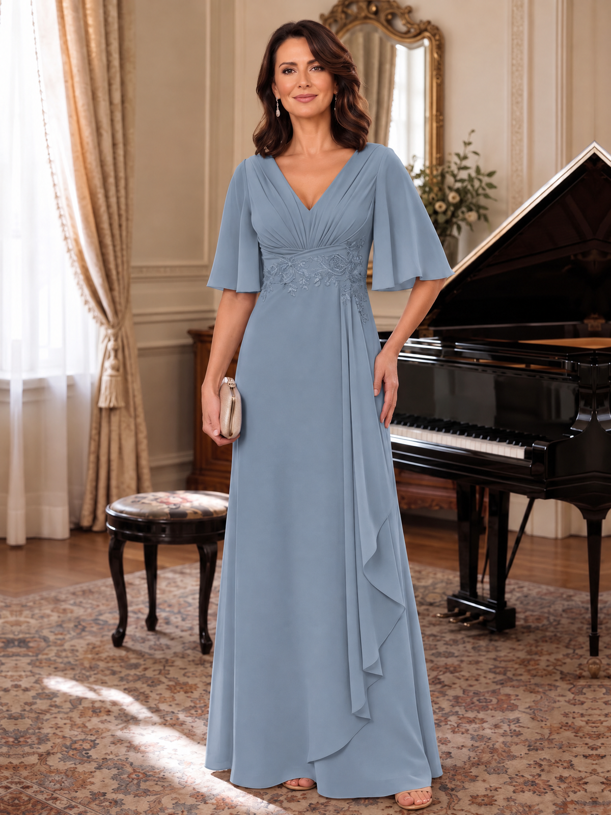 Dusty Blue V-Neck Chiffon Lace Mother of the Bride Dresses with Flutter Sleeve A-line Long Ruffled Evening Formal Wedding Guest Gown