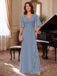 Dusty Blue V-Neck Chiffon Lace Mother of the Bride Dresses with Flutter Sleeve A-line Long Ruffled Evening Formal Wedding Guest Gown