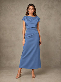 Cowl Neck Satin Mother of the Bride Dress with Ruched Waist