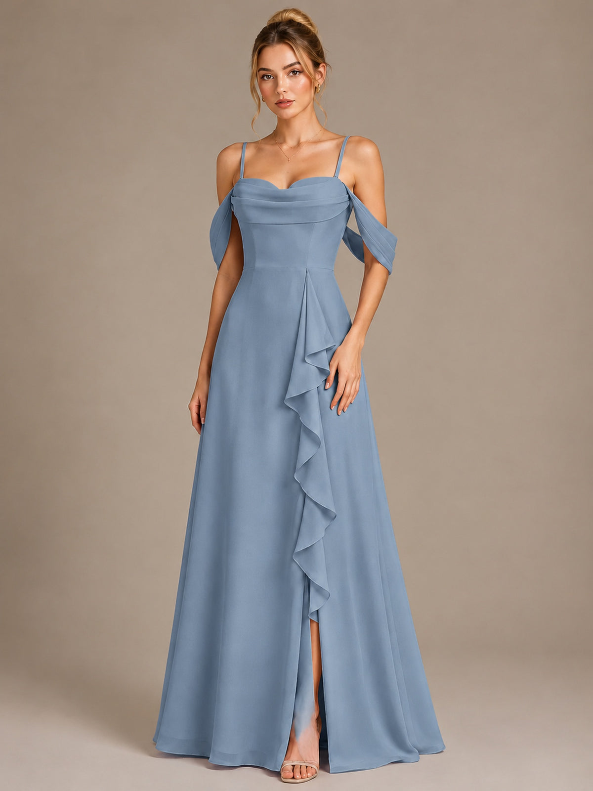 Spaghetti Strap Chiffon Bridesmaid Dress with Ruffles Slit