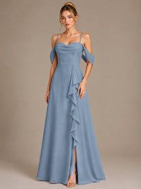 Spaghetti Strap Chiffon Bridesmaid Dress with Ruffles Slit