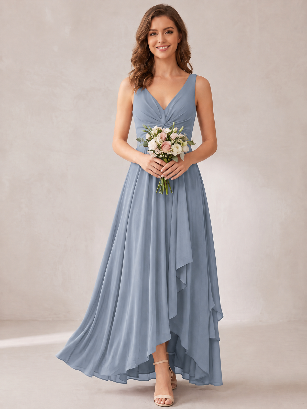 V-Neck High-Low Chiffon Bridesmaid Dress with Ruffles