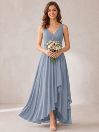 V-Neck High-Low Chiffon Bridesmaid Dress with Ruffles
